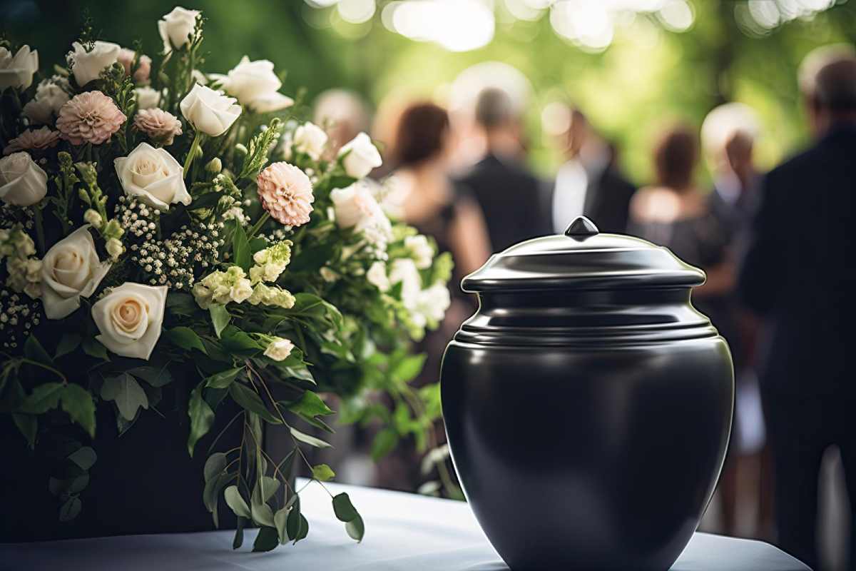 burial urn with mourners bidding farewell to deceased